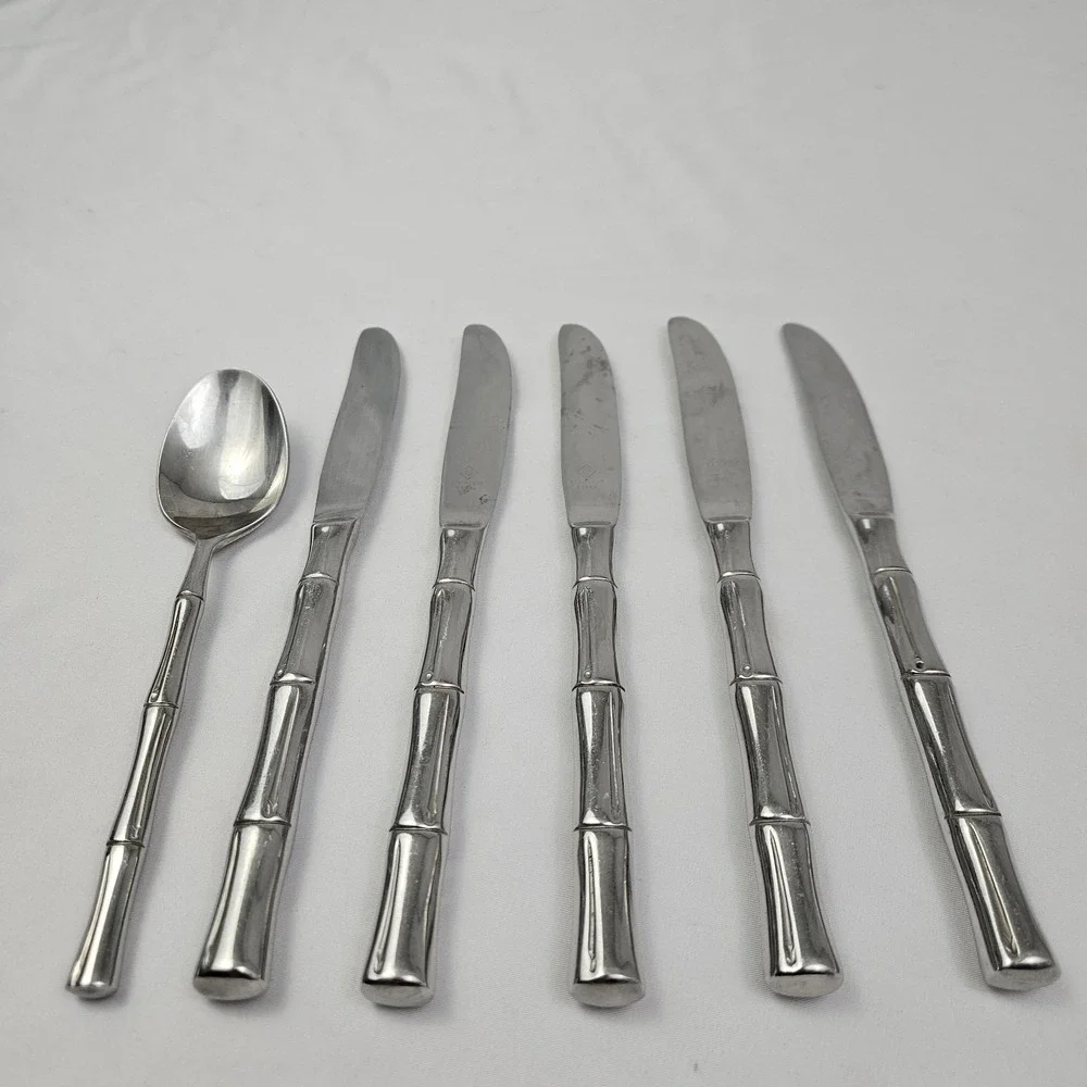 Bamboo Flatware 6 Piece KOREA Stainless Knives & Soup Spoon MCM Vintage